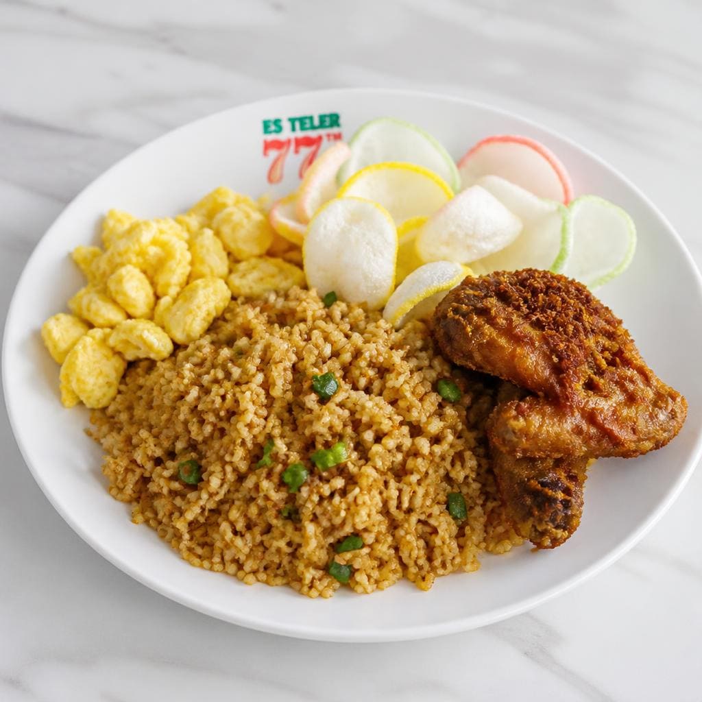 Nasi Goreng 77 Es Teler 77 dengan ayam goreng dan telur orak-arik